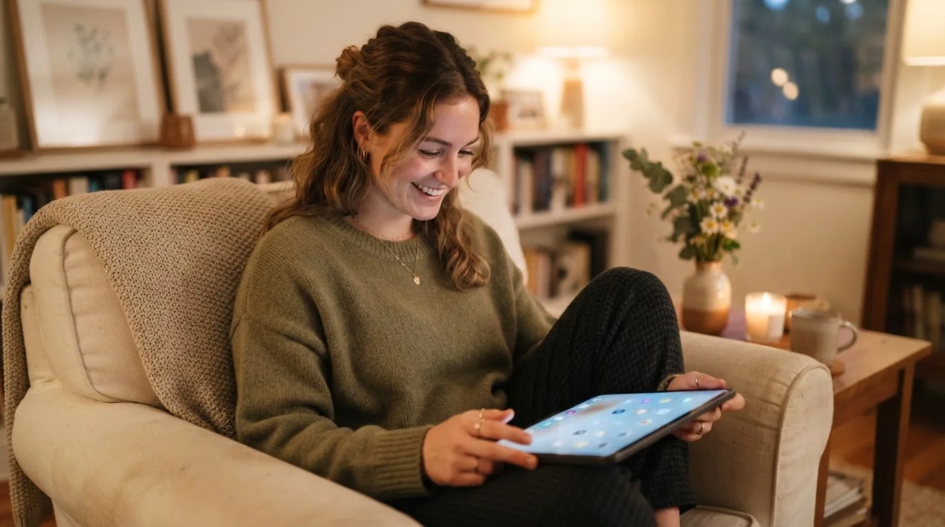 Una giovane donna sorride guardando lo schermo di un tablet appoggiato sulle ginocchia, comodamente seduta su una poltrona colorata.