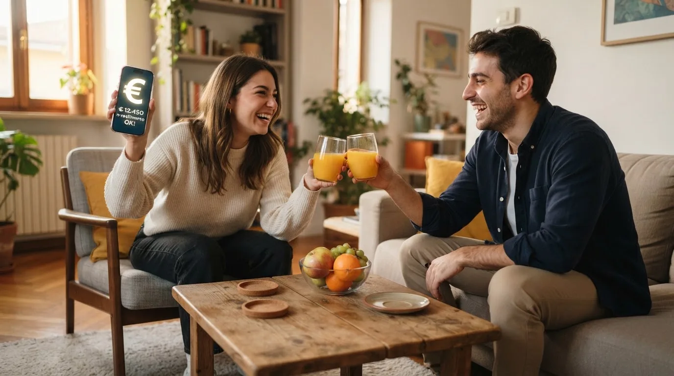 Due amici brindano con bicchieri di succo su un tavolino da salotto, sorridendo mentre uno tiene in mano uno smartphone.